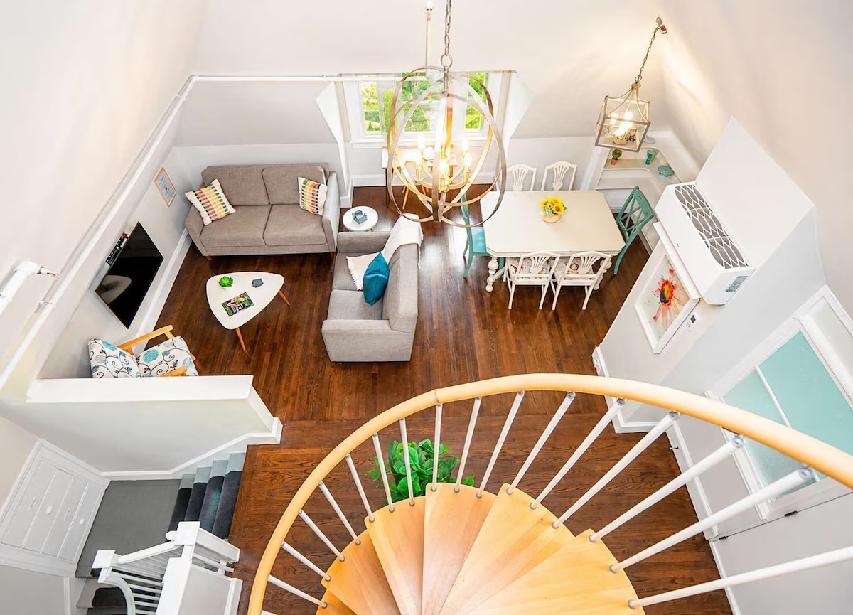 Angell Street living and dining room viewed from the spiral staircase