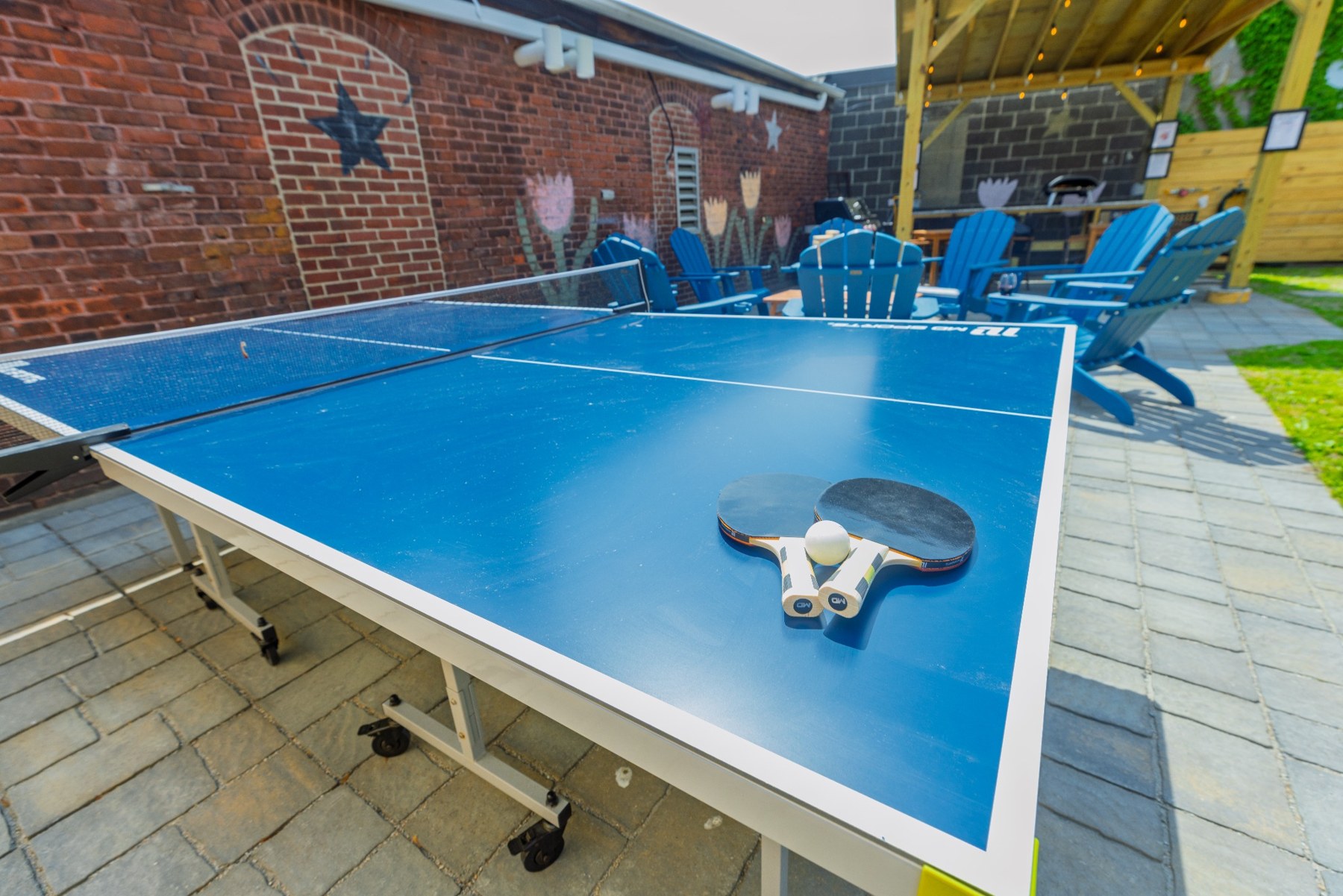 Outdoor ping pong table ready for a game