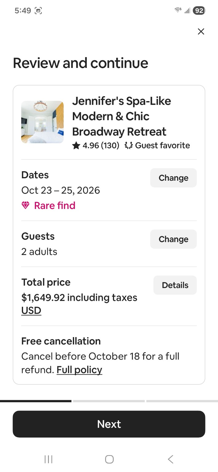 Third-party checkout showing the Broadway retreat, two adults, October 23–25, 2026, total $1,649.92 including taxes
