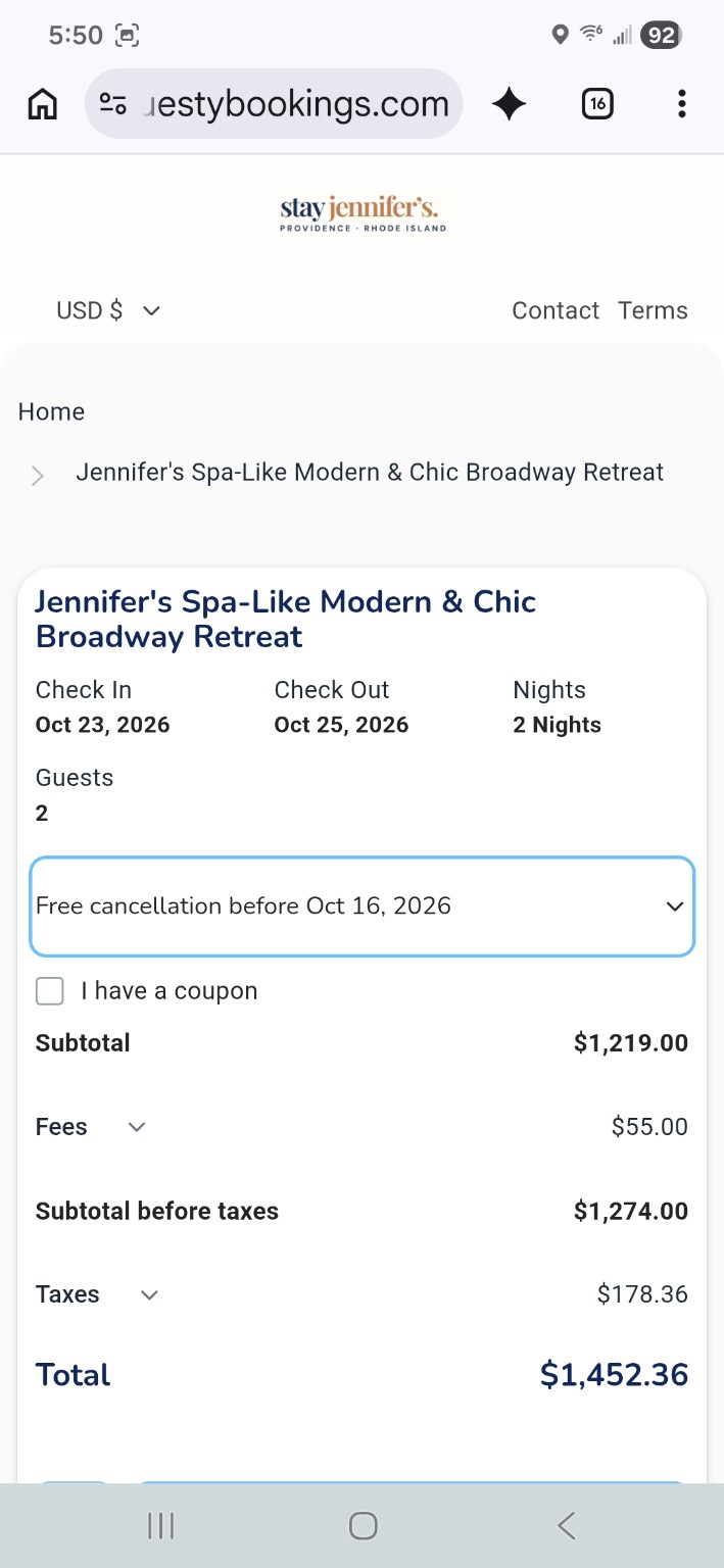 Jennifer’s direct checkout showing the Broadway retreat, two guests, October 23–25, 2026, total $1,452.36 including taxes and fees
